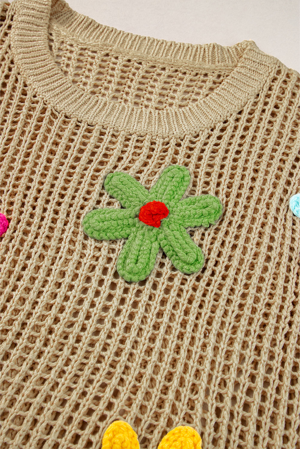 T-shirt pull ajouré à fleurs au crochet beige français clair