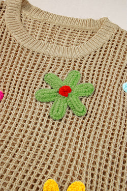 Suéter de trabajo abierto con flores de crochet beige *