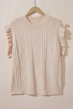 Oatmeal Plus Cable Knit Ruffle Short Sleeve Mock Neck Sweater