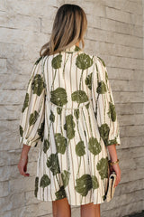 Guacamole Green Striped Floral Print Contrast Piping Puff Sleeve Dress