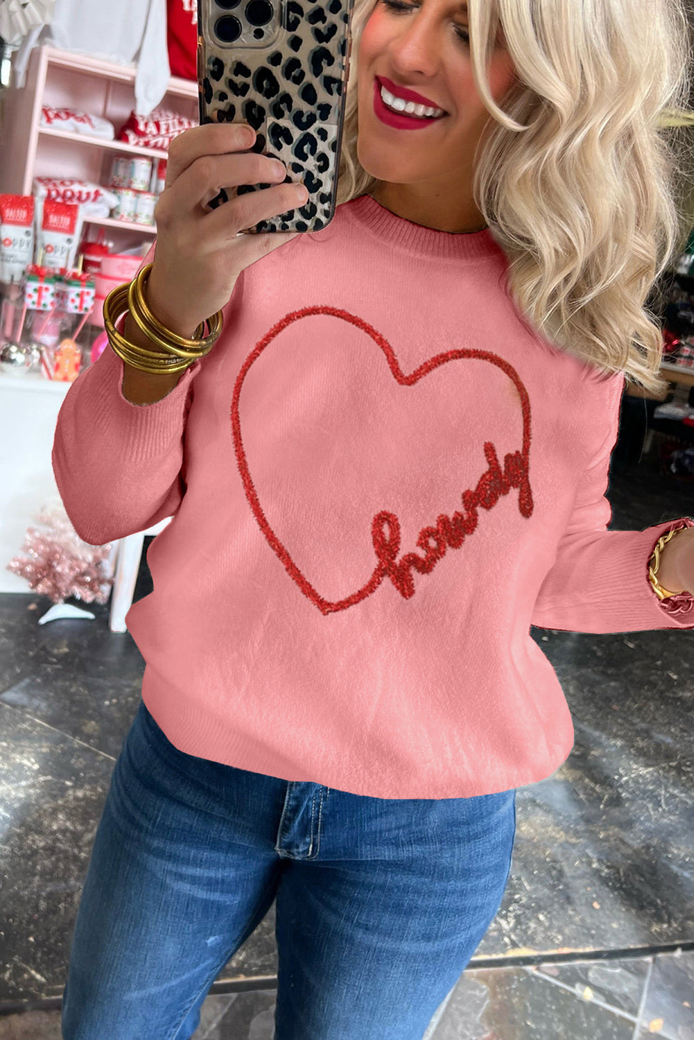 Pink Howdy Heart Graphic Round Neck Casual Sweater