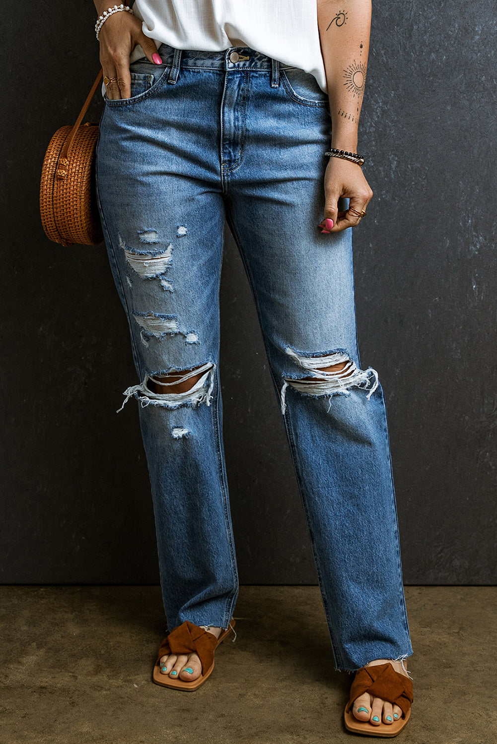 Light Blue Distressed Holes Raw Edge Straight Jeans