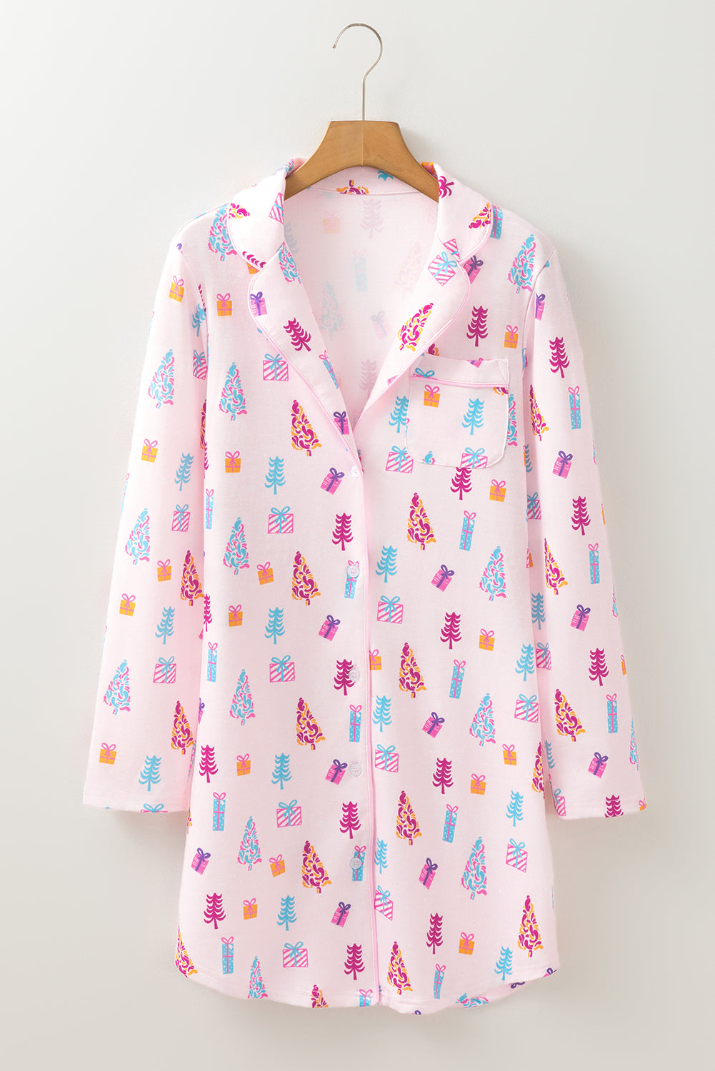 Vestido nocturno Camisa de Navidad rosa impresa árbol espumoso estampado