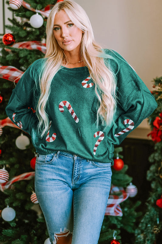 Grüne Pailletten -Candy Canes Lebkuchen Mann Pullover