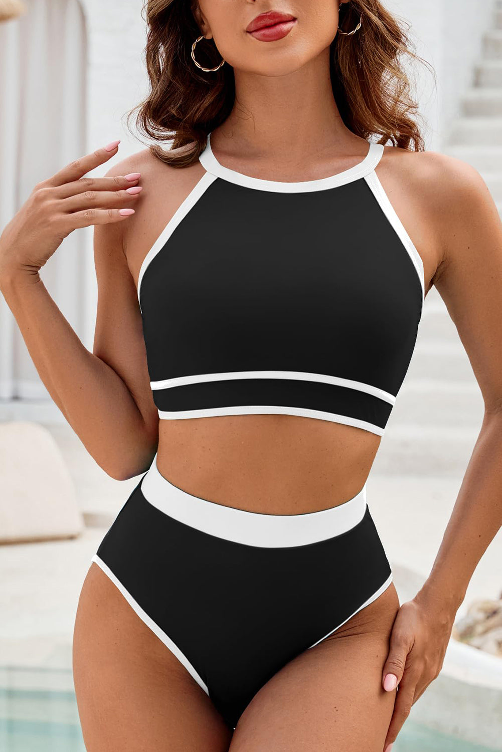 Black Contrast Trim Crisscross Back High Waited Bikini