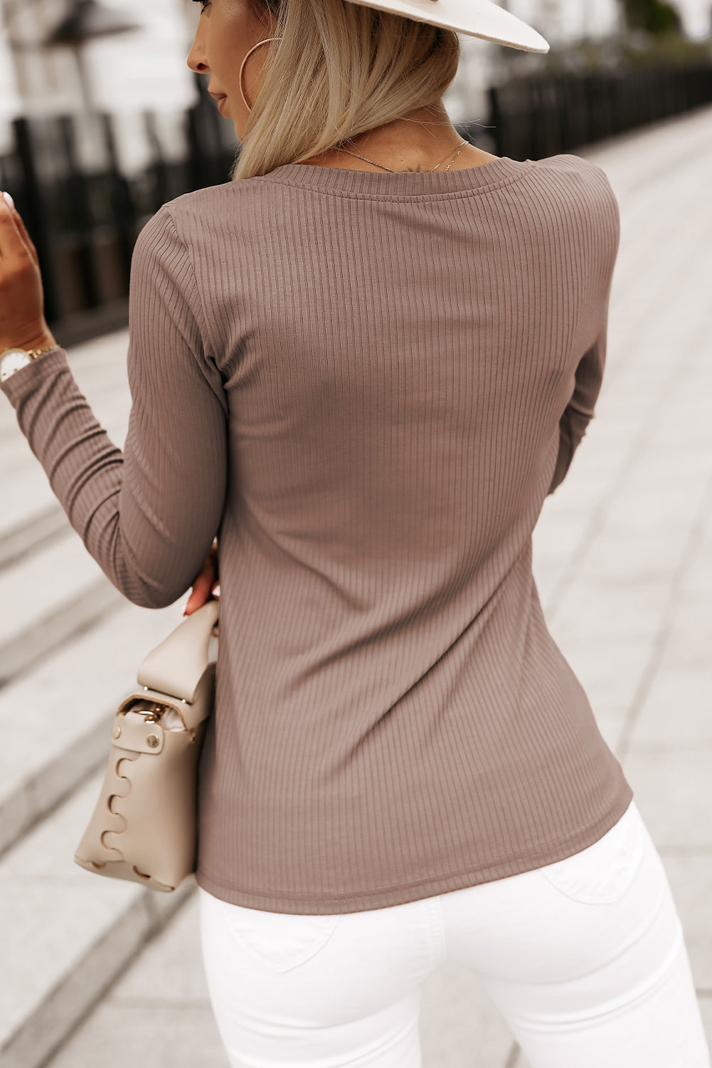 Khaki V-neck top with chest patch pocket in ribbed knit