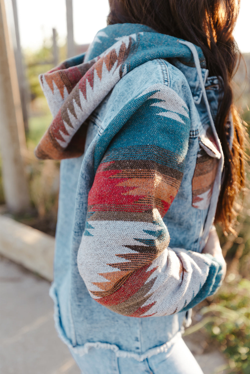 Multicolor Aztec Print Frayed Hem Denim Jacket