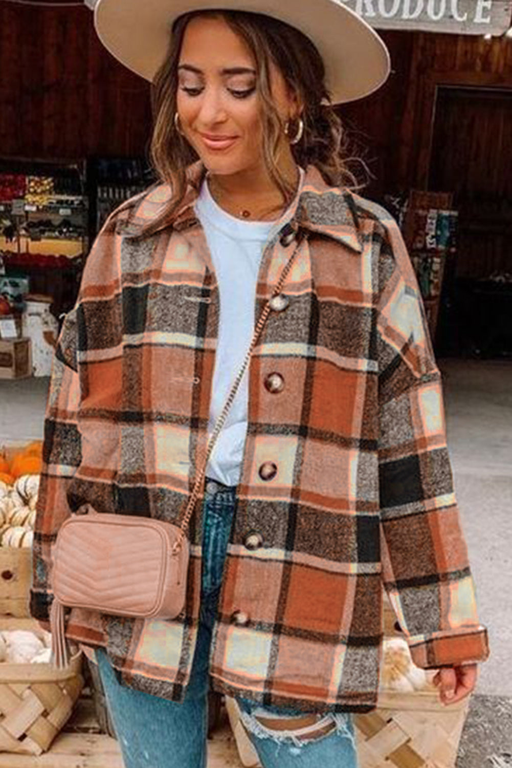 Orange Plaid Button Down Shirt Jacket