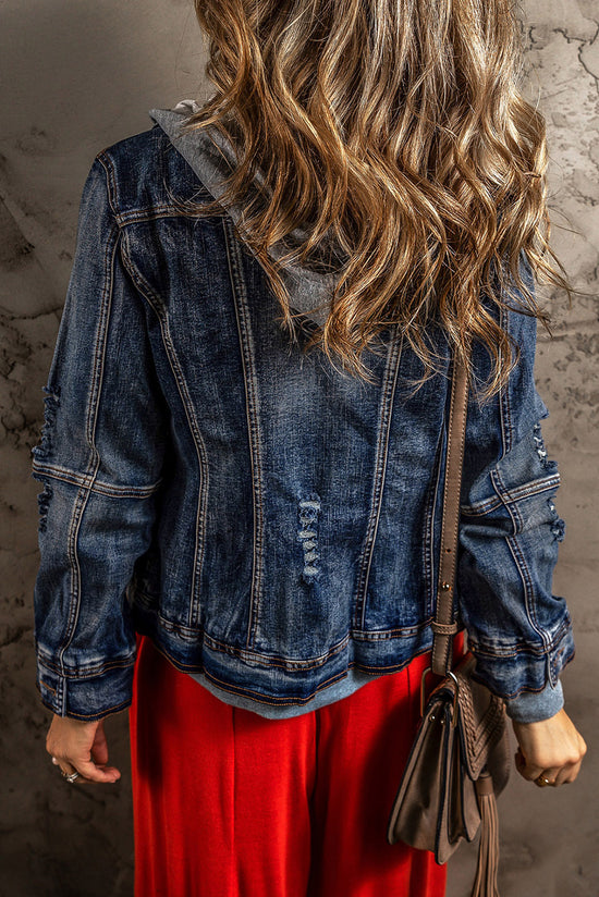 Dark Blue Two Piece Hooded Zip Up Denim Jacket