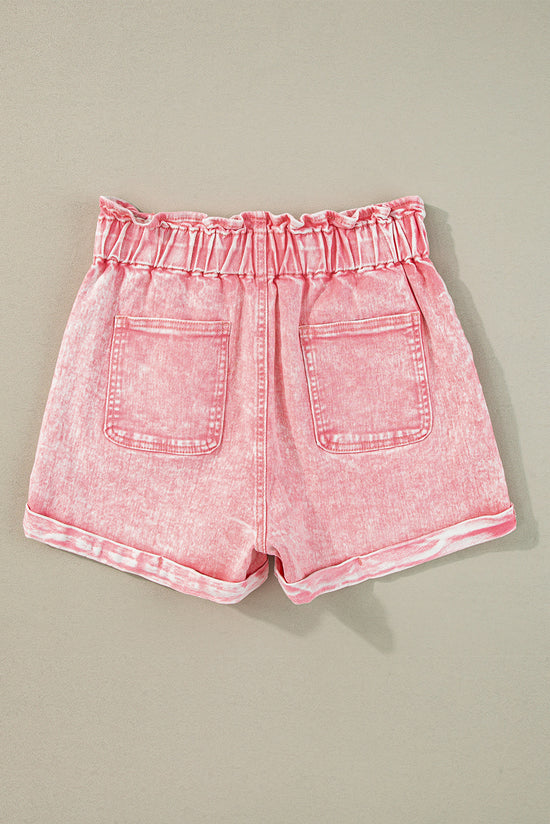 Vintage Washed Dusty Pink Ruffle High Waisted Denim Shorts