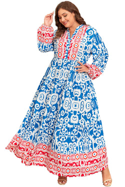 Robe de grande taille bleu ciel à col cranté et blocs de couleurs vintage à fleurs