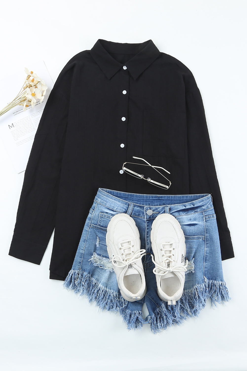 Chemise à manches longues texturée noire avec poche boutonnée-A WOMAN WE LOVE