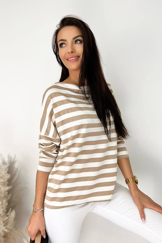 Khaki striped long sleeve boat neck top