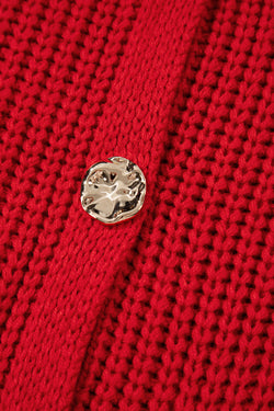 Gilet pull boutonné en tricot texturé uni rouge ardent avec poches latérales