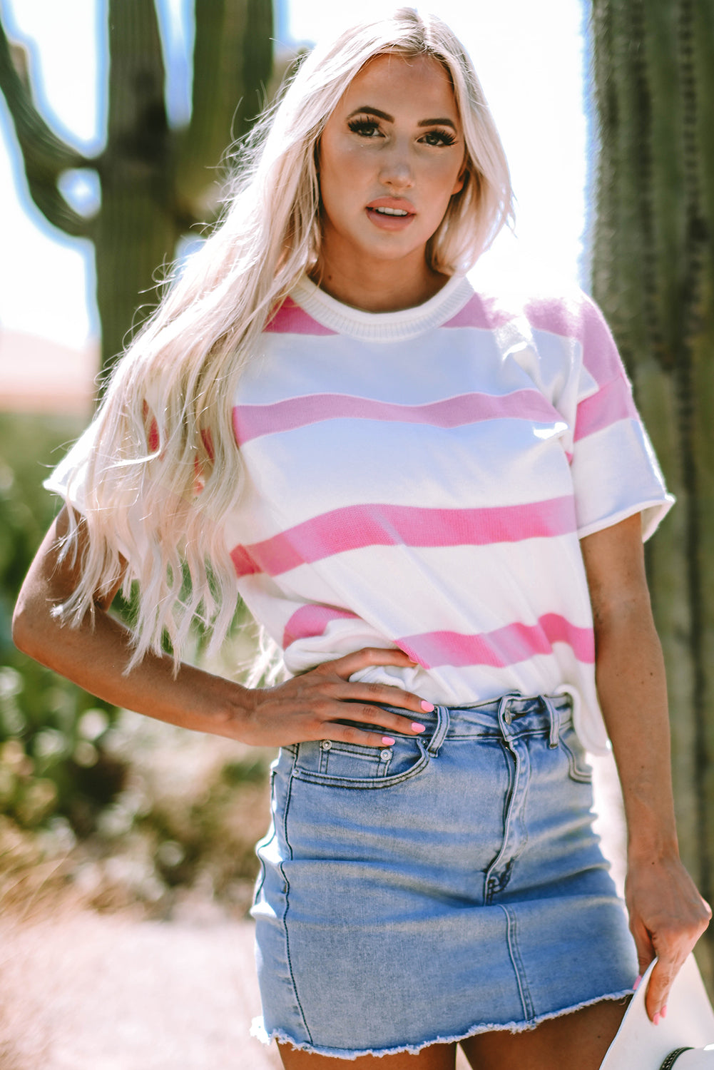 Pink Stripe Dropped Short Sleeve Lightweight Knitted Top