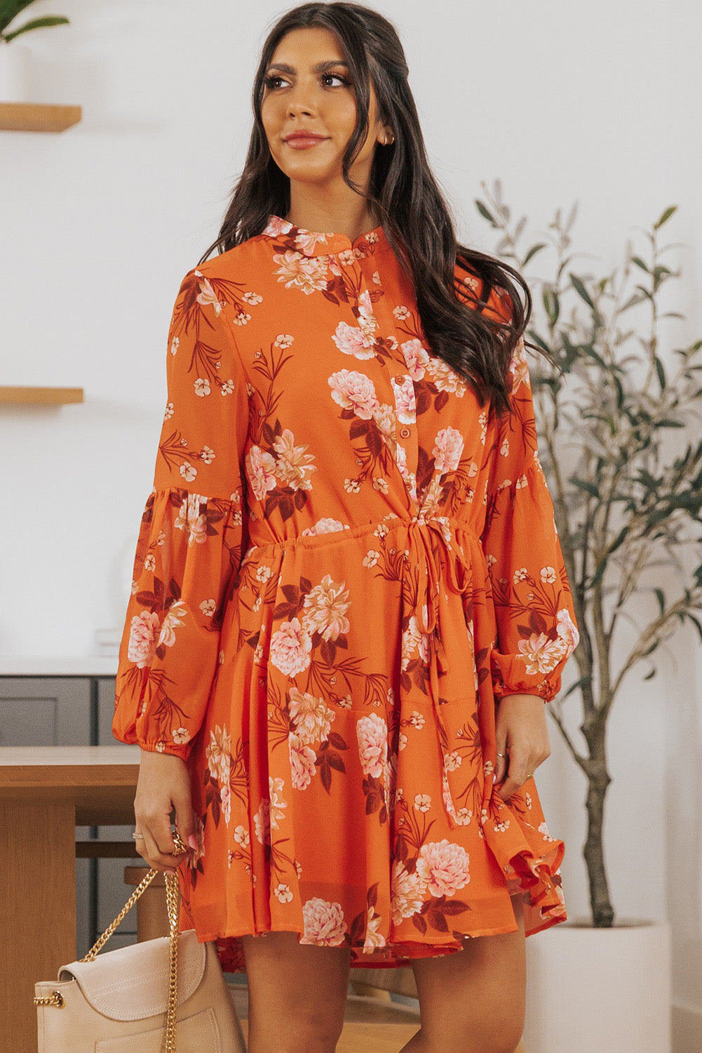 Orange Vintage Floral Print Drawstring Flowy Dress