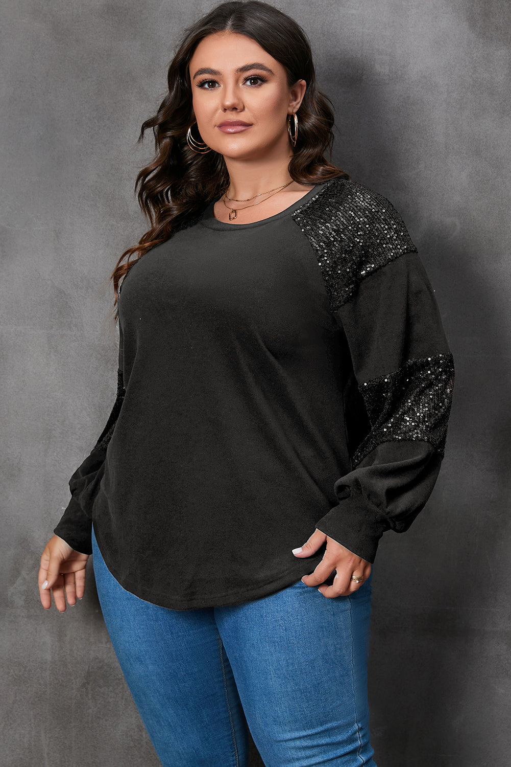 Black Plus size Patchwork Crew Neck Long Sleeve Top