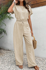 Ensemble t-shirt court beige à ourlet élastique froissé et pantalon large-A WOMAN WE LOVE