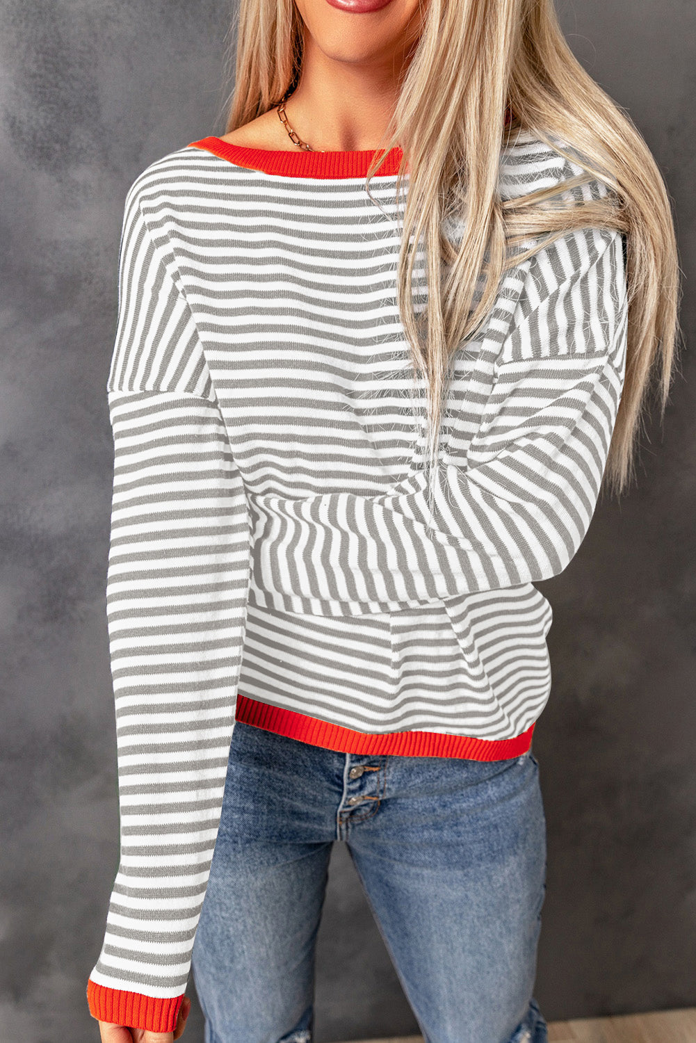 Grey drop shoulder sweater with contrasting edge stripes