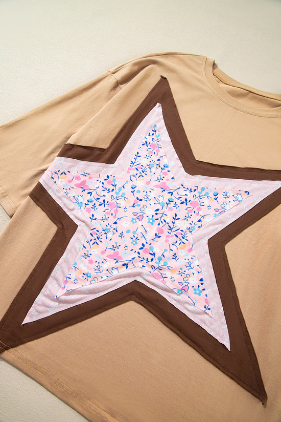 Camel Floral Star Patchwork 3/4 Sleeve Top