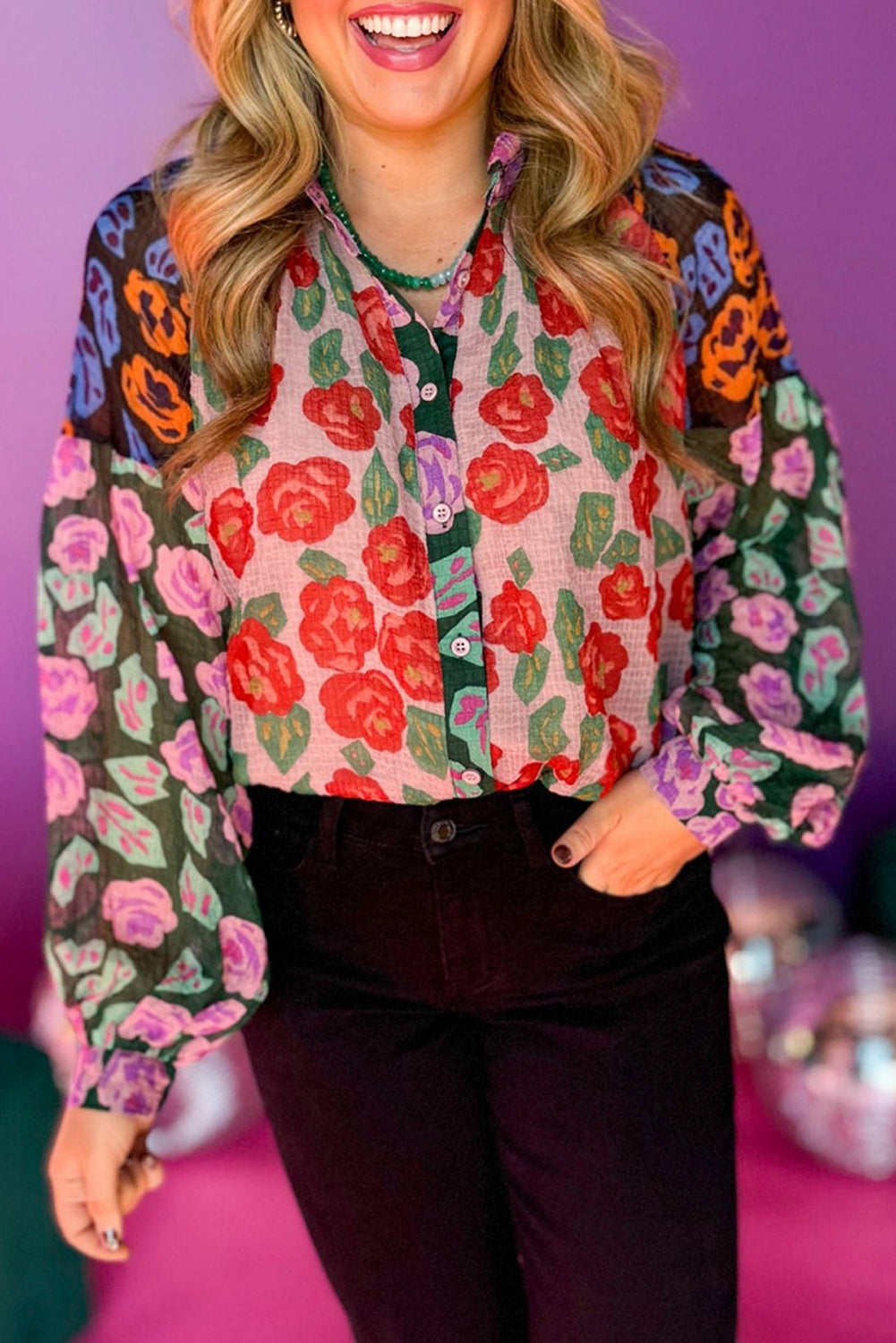 Red shirt with puffy sleeves and floral print color block