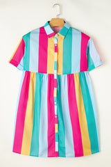 Mini-robe chemise à manches courtes et rayures roses