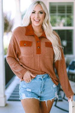 Brown waffle knit long sleeve top with buttons and contrast trim