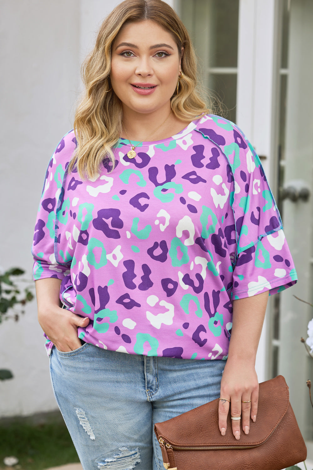 Purple Leopard Kiss Print Tun a manica corta Plus size