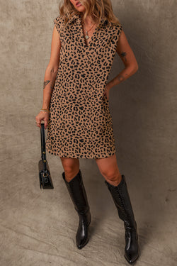 Khaki Leopard Print V-Neck Sleeveless Mini Dress