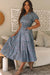 Blue Printed V-Neck Ruched Long Dress with Short Puff Sleeves