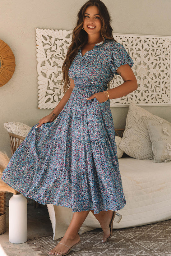 Blue Printed V-Neck Ruched Long Dress with Short Puff Sleeves