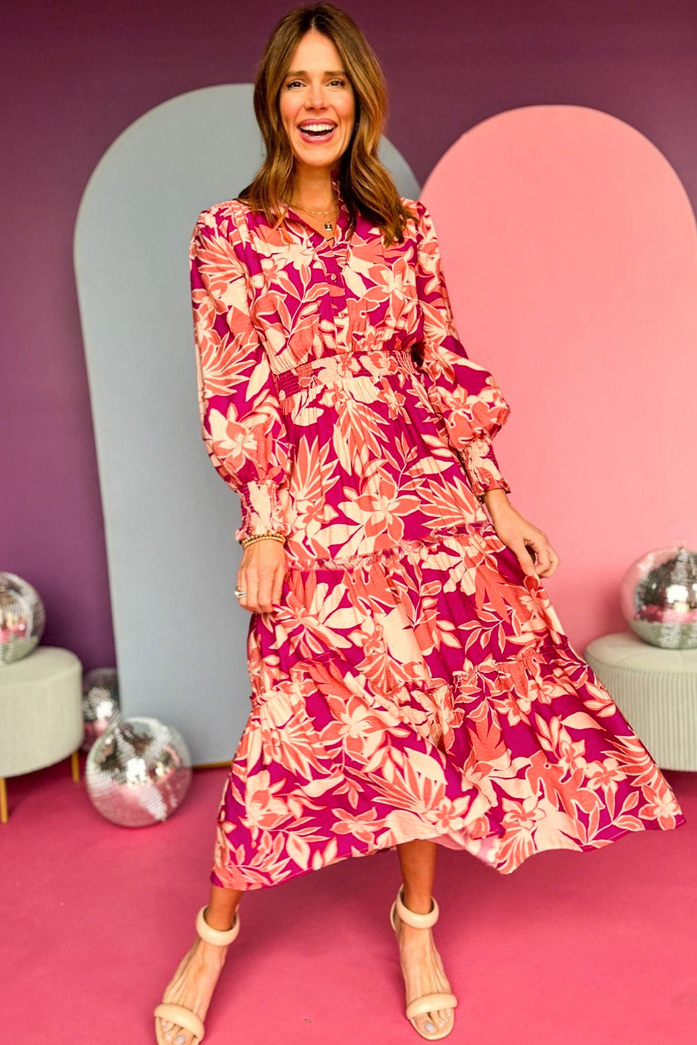 Pink Floral Print Buttoned Smocked High Waist Maxi Dress