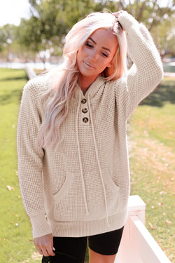 Apricot Waffle Knit Button Up Hooded Sweater with Pocket