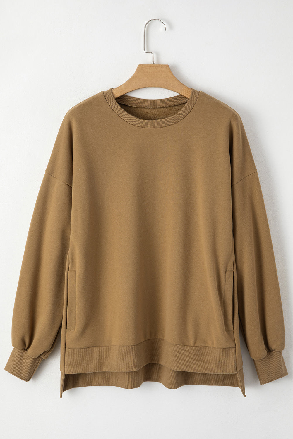 Solid camel fleece lined sweatshirt with dropped shoulders, top and bottom
