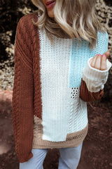 Khaki patchwork sweater in mixed textured knit color block