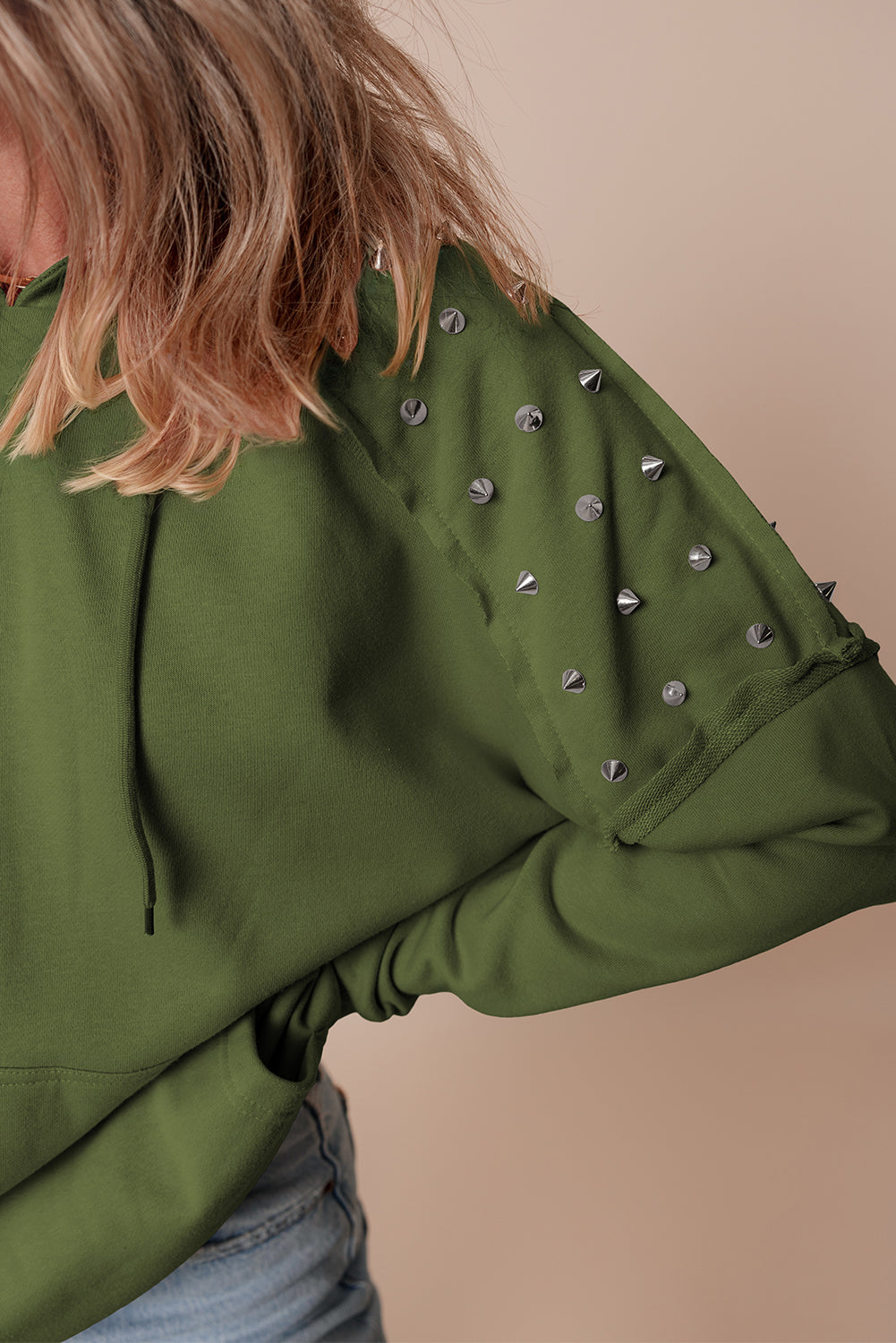 Sweat à capuche à manches raglan et rivets de couleur unie vert vignoble avec poche