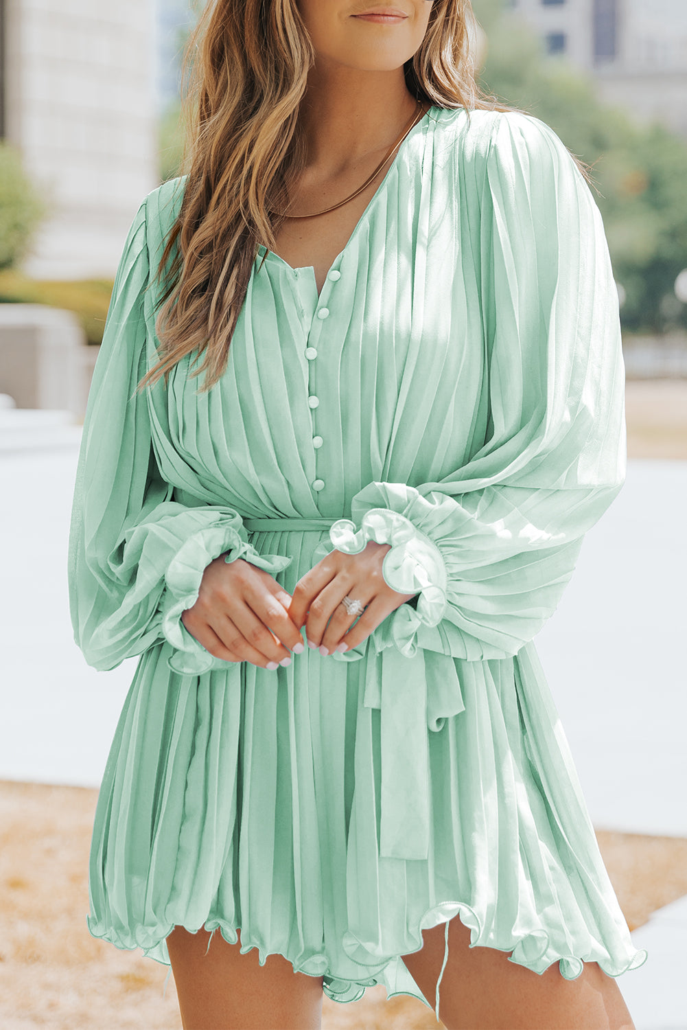 Green V-Neck Pleated Romper with Ruffles and Buttons at the Waist