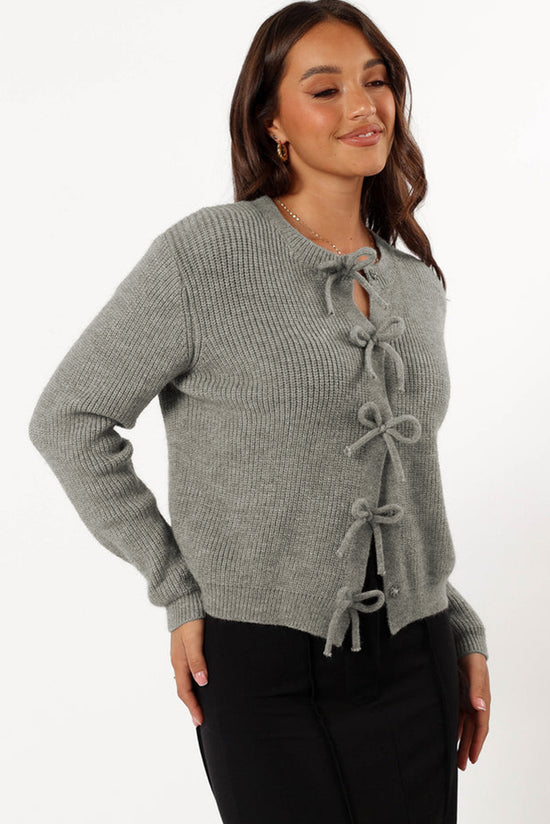 Philippine Grey Ribbed Knit Button-Up Cardigan with Knot Front