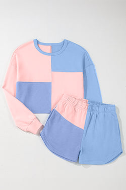 Tenue de short à manches longues en patchwork color block bleu ciel