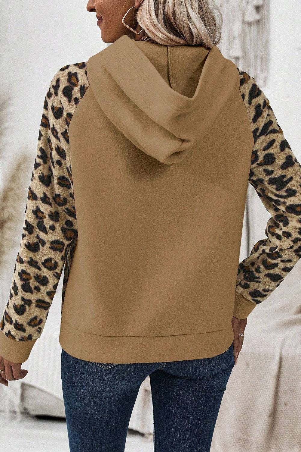 Light Beige Leopard Print Patchwork Half Button Raglan Sleeve Hoodie