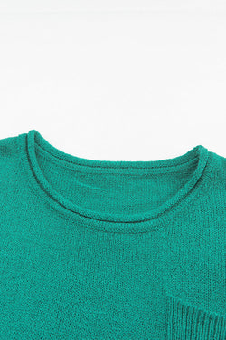 Pull en tricot côtelé à épaules dénudées de couleur unie vert avec poche