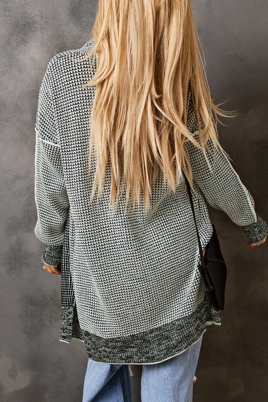 Grey Plaid Knitted Long Open Front Cardigan