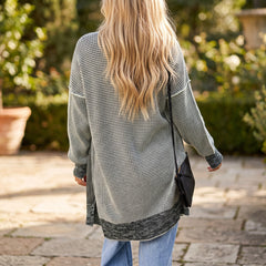Grey Plaid Knitted Long Open Front Cardigan