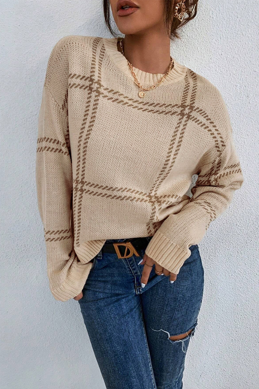 Khaki Plaid Pattern Knitted Drop Shoulder Sweater