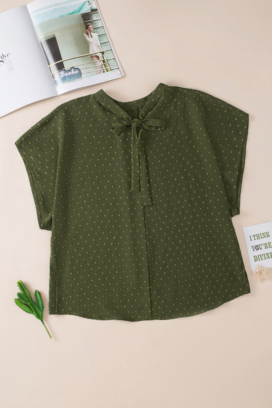 Plus Size Moss Green Swiss Polka Dot Top with High Neck and Tie Neck