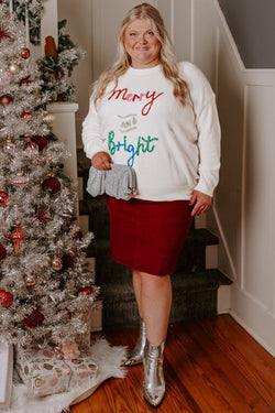 Merry and Bright Christmas Sweater with White Tinsel, Plus Size