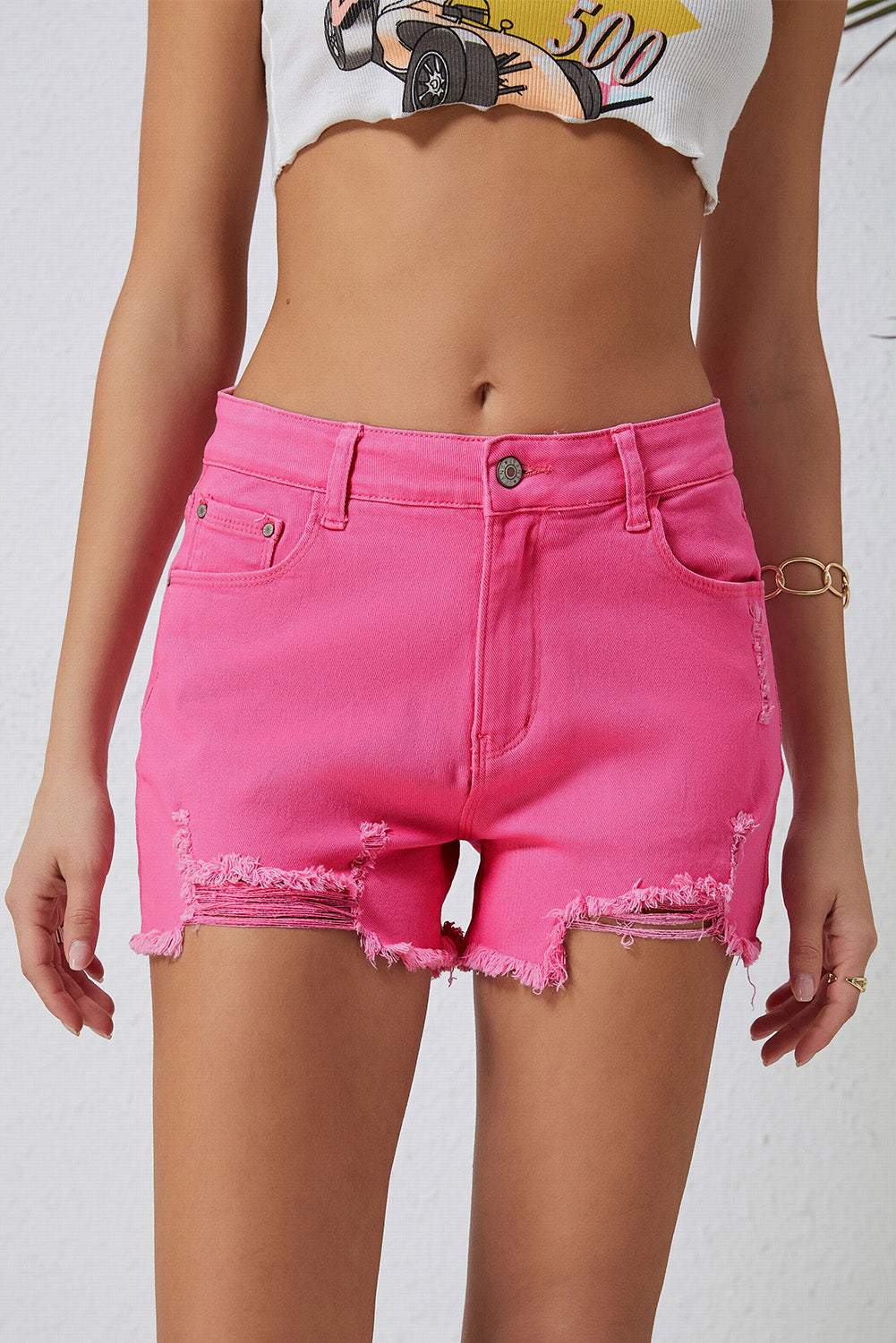 Rose Shorts en jean à taille haute de taille slim en détresse en détresse