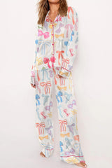 Ensemble de pyjama en satin à jambes larges et col à revers imprimé nœud papillon blanc-A WOMAN WE LOVE
