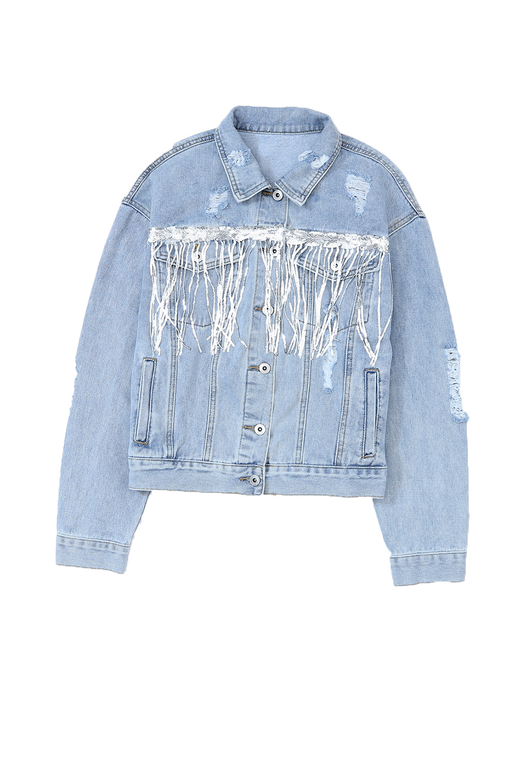 Sky Blue Sequin Embellie Fringe Dented Denim Veste