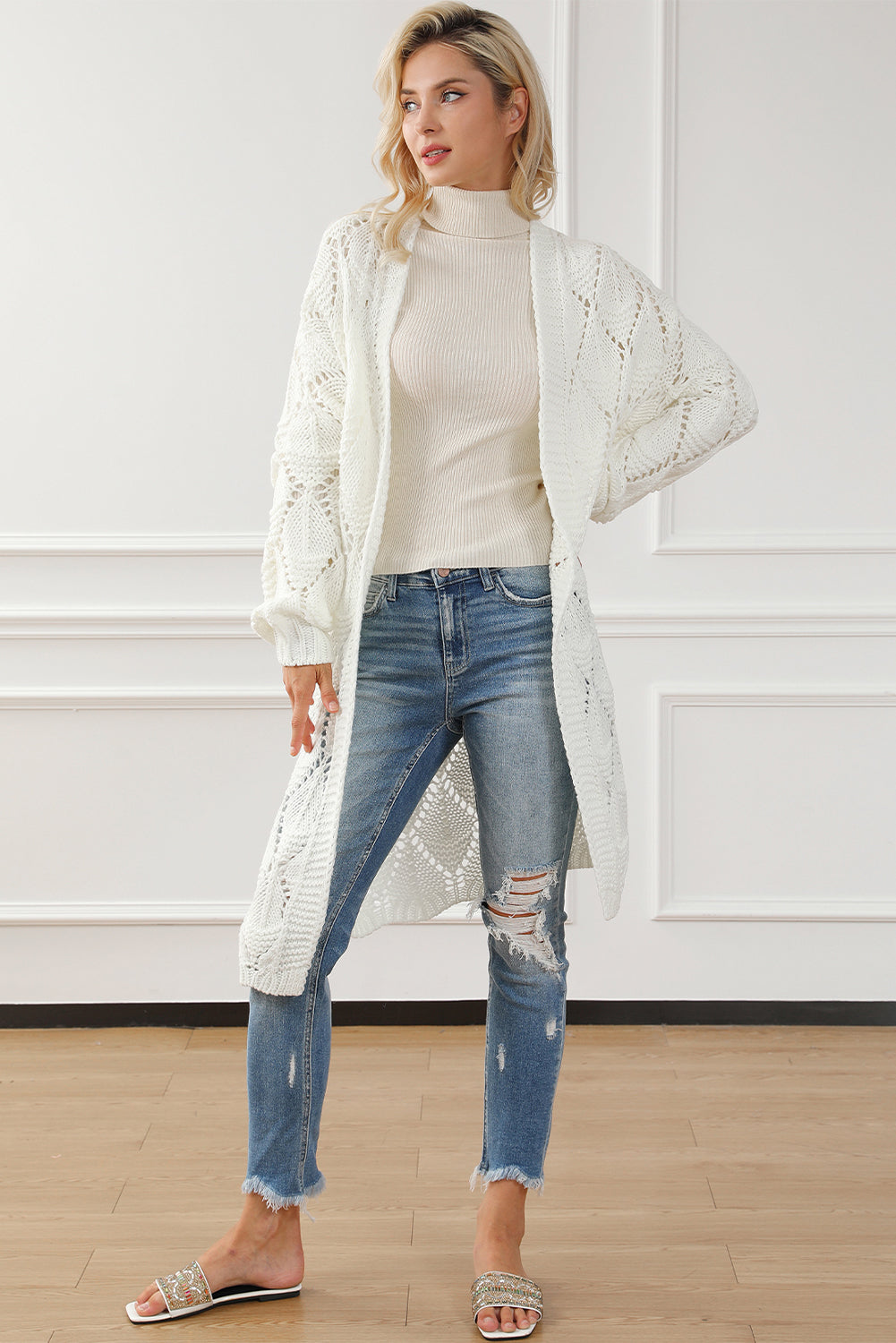 White Rhombus Hollowed Knit Open Front Cardigan